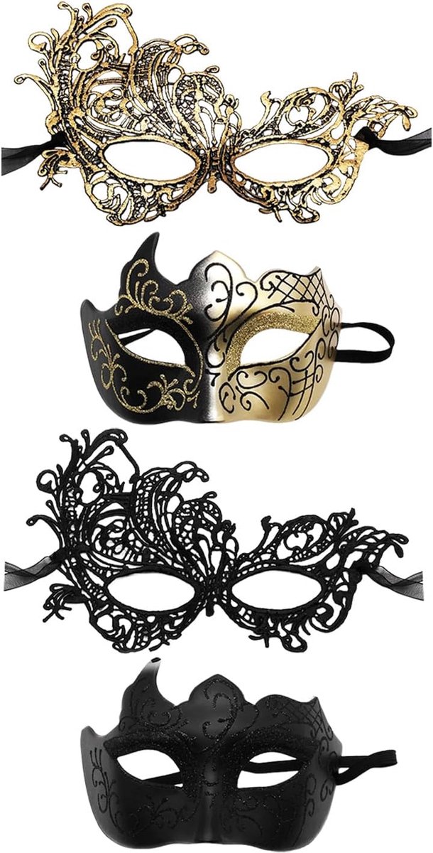 Venetiaanse stijl maskers 4 stuks - half gezicht - zwart en goud - perfect voor feestjes - ShopVlot