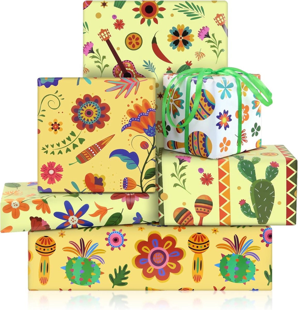 Inpakpapier Mexicaans 50 x 70 cm - Fiesta Cactus Chilli Sombrero - 6 vellen met lint - Perfect voor verjaardagen - ShopVlot