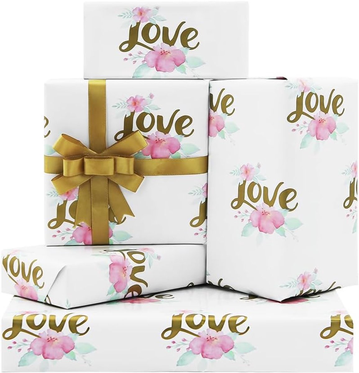 Cadeaupapier bruiloft 50 x 70 cm - wit met gouden lint - elegant ontwerp - perfect voor Valentijnsdag - ShopVlot