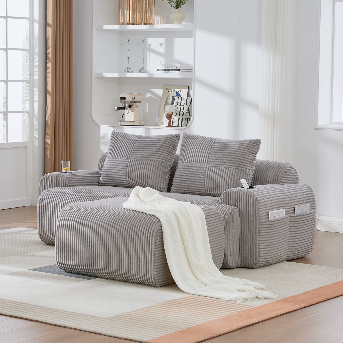 DESMIU Hoekbank - Modulaire 2-Zits - Met Cupholder En Zijvak - Voor Woonkamer En Familienet - Corduroy - Lichtgrijs
