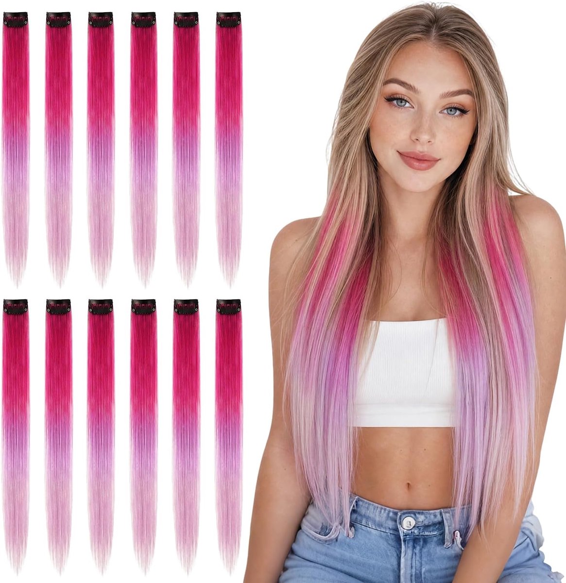 Clip-in hairextensies 12 stuks - ombre peach naar roze - 55 cm - directe transformatie voor een zomerse look - ShopVlot
