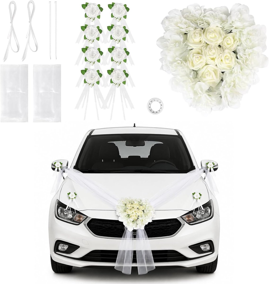 Autodecoratie bruiloft - bloemen decoratieset - veelzijdig gebruik - voor bruiloftsauto - ShopVlot