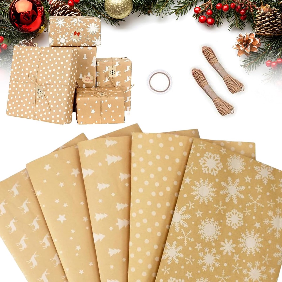 Kerstman cadeaupapier, 6 vellen, kerstcadeaupapier, met dubbelzijdig plakband en koord, voor vakantie, Nieuwjaar - ShopVlot