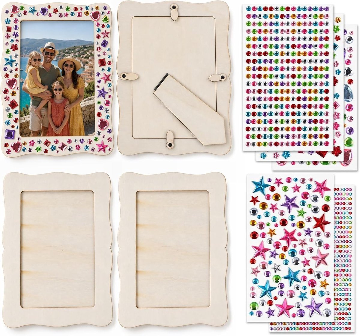 8 stuks houten fotolijsten om te beschilderen voor kinderen, houten fotolijst met stickers van glitterstenen, creatief - ShopVlot