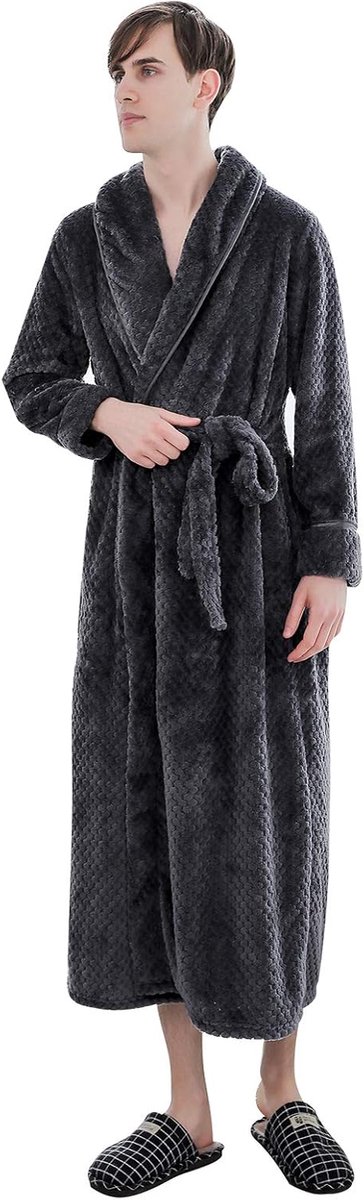 ANUFER Unisex Ladies Mens Thick Flannel Dressing Gown Scarf Collar Warm Long Winter Bathrobe, frosted grey, XL - ShopVlot