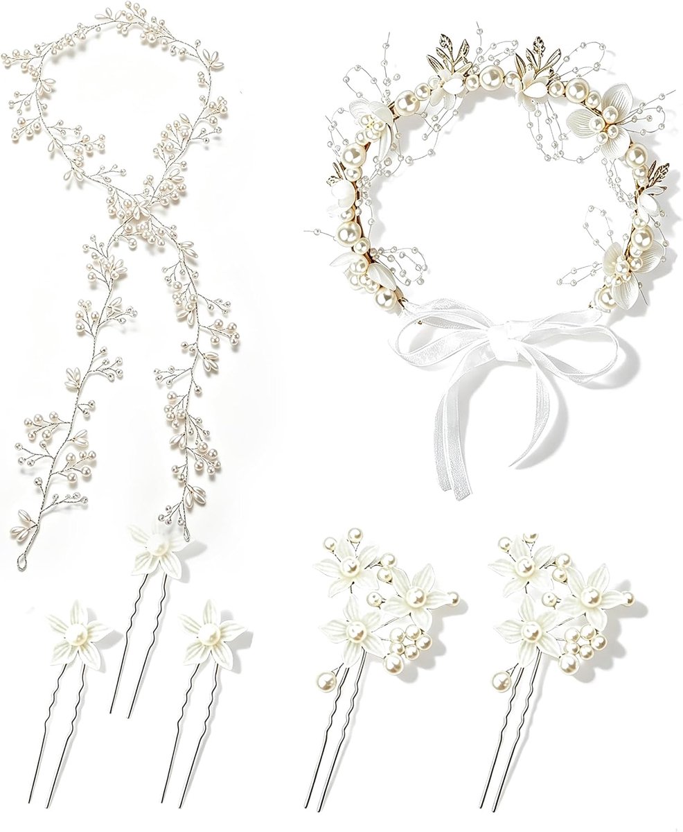 7-delige Bruiloft Haaraccessoires, Bruids Hoofdband met Zilverkleurige Haar Wijnstok, Set met Bloemenhaarband en Bruid - ShopVlot
