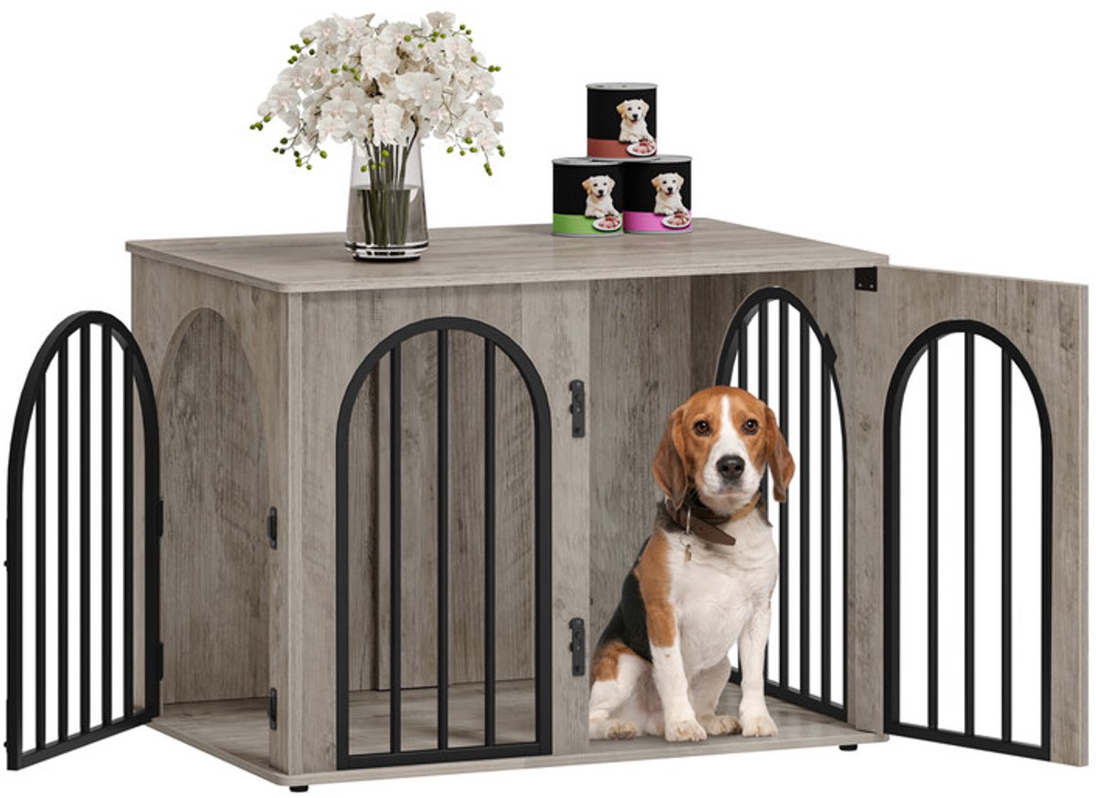 Hzuaneri 80 cm Hondenbench, meubel, hondenbox, 3 deuren, gebogen deur, moderne hondenboxs binnen voor honden, bijzettafel, hondenkooi voor thuis, robuuste hondenbox, 56 x 80 x 61 cm, Lichtivoor