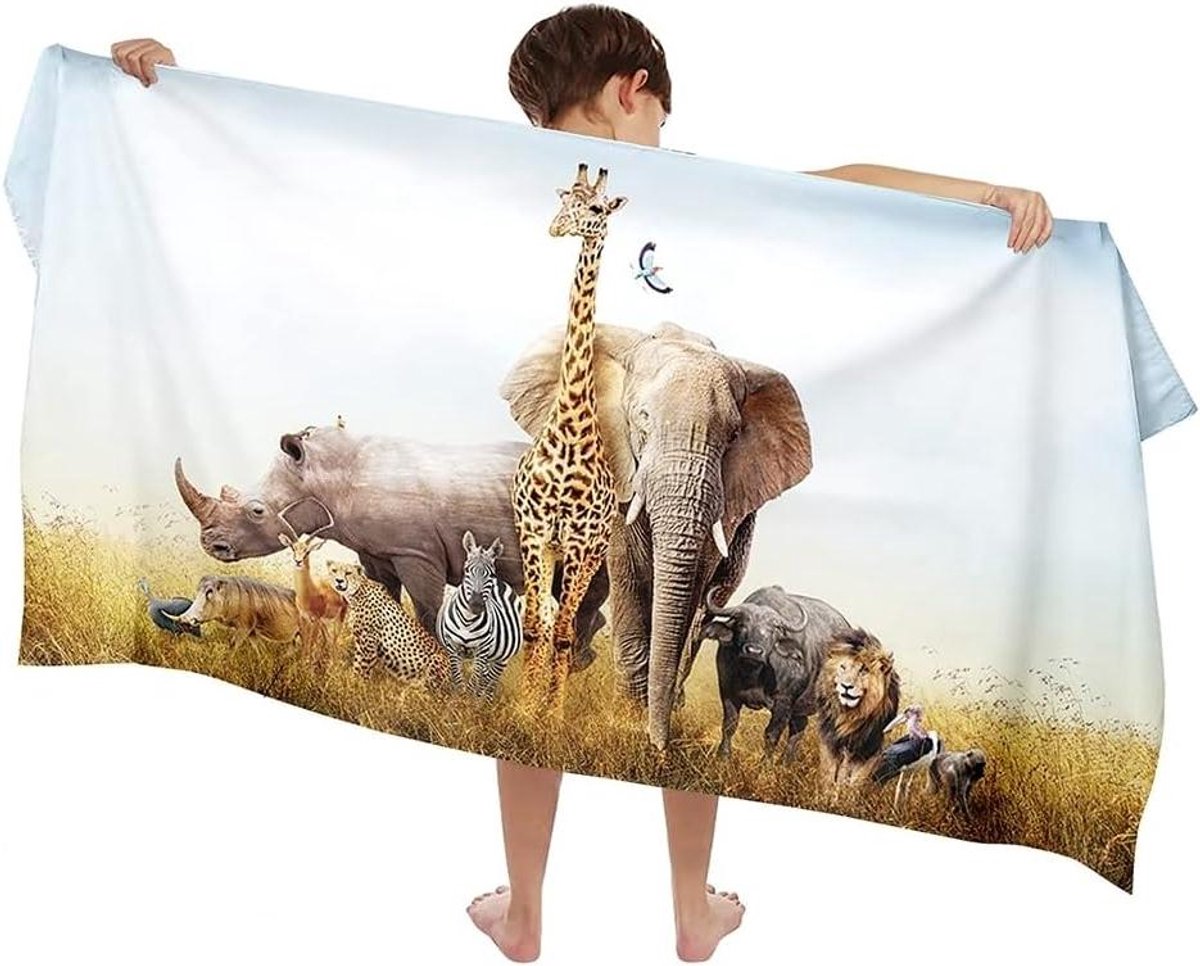 Microvezel Kinderhanddoek - Reishanddoek Sneldrogend - Strand en Zwembad - Vrolijke Dierenprint - 140 x 70 cm - Blauw