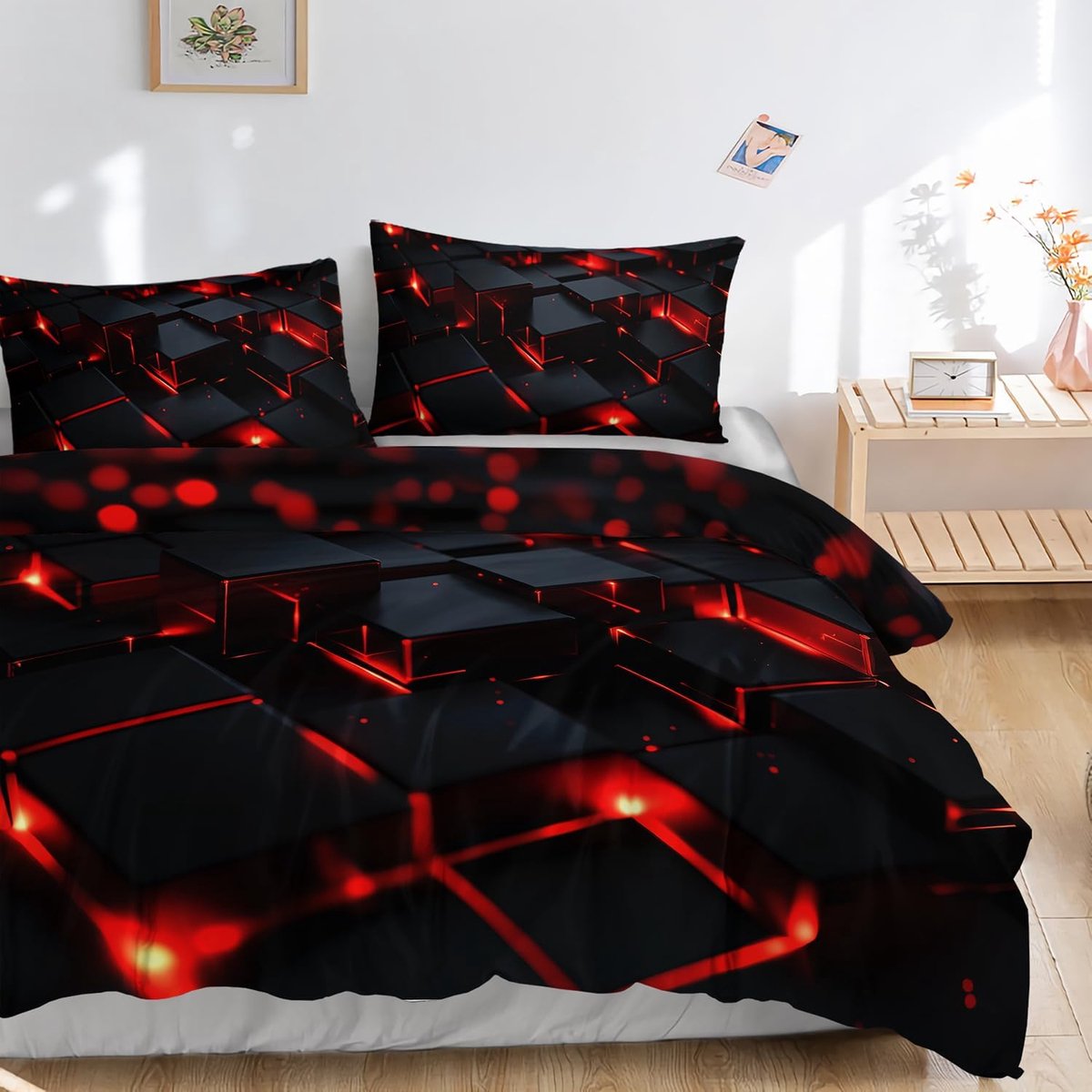 HOSIMA Boys and Girls Bedding Set with Black and Red Check Pattern Duvet Cover with 2 Pillowcases (Black Red Checkered - ShopVlot