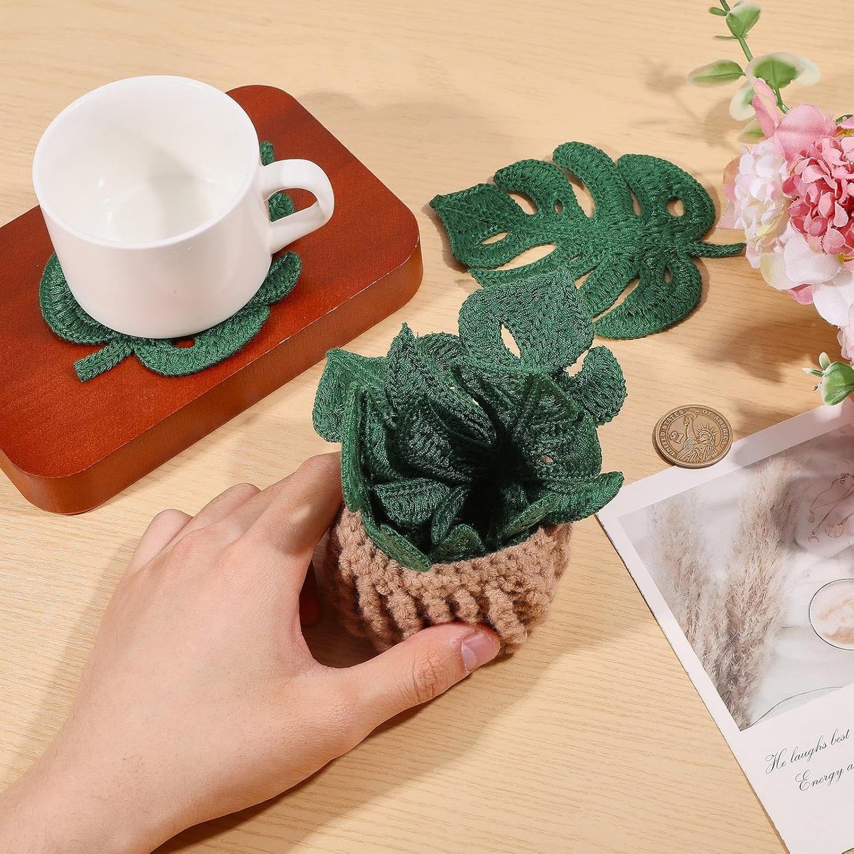 Monstera gehaakte onderzetters set met opbergpot, handgemaakt, polyester, 6 stuks, gemengde kleuren, bladvorm - ShopVlot