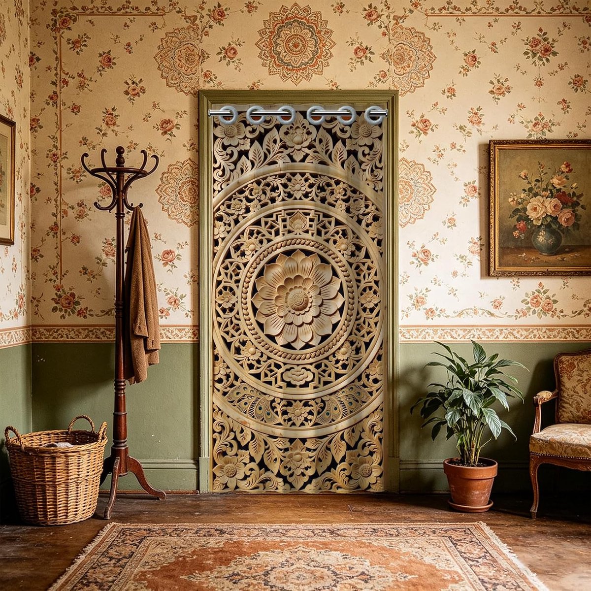Deurgordijn met houtsnijwerk mandala-patroon, polyester, 200 x 100 cm, ruimteverdeler voor slaapkamer, keuken en - ShopVlot