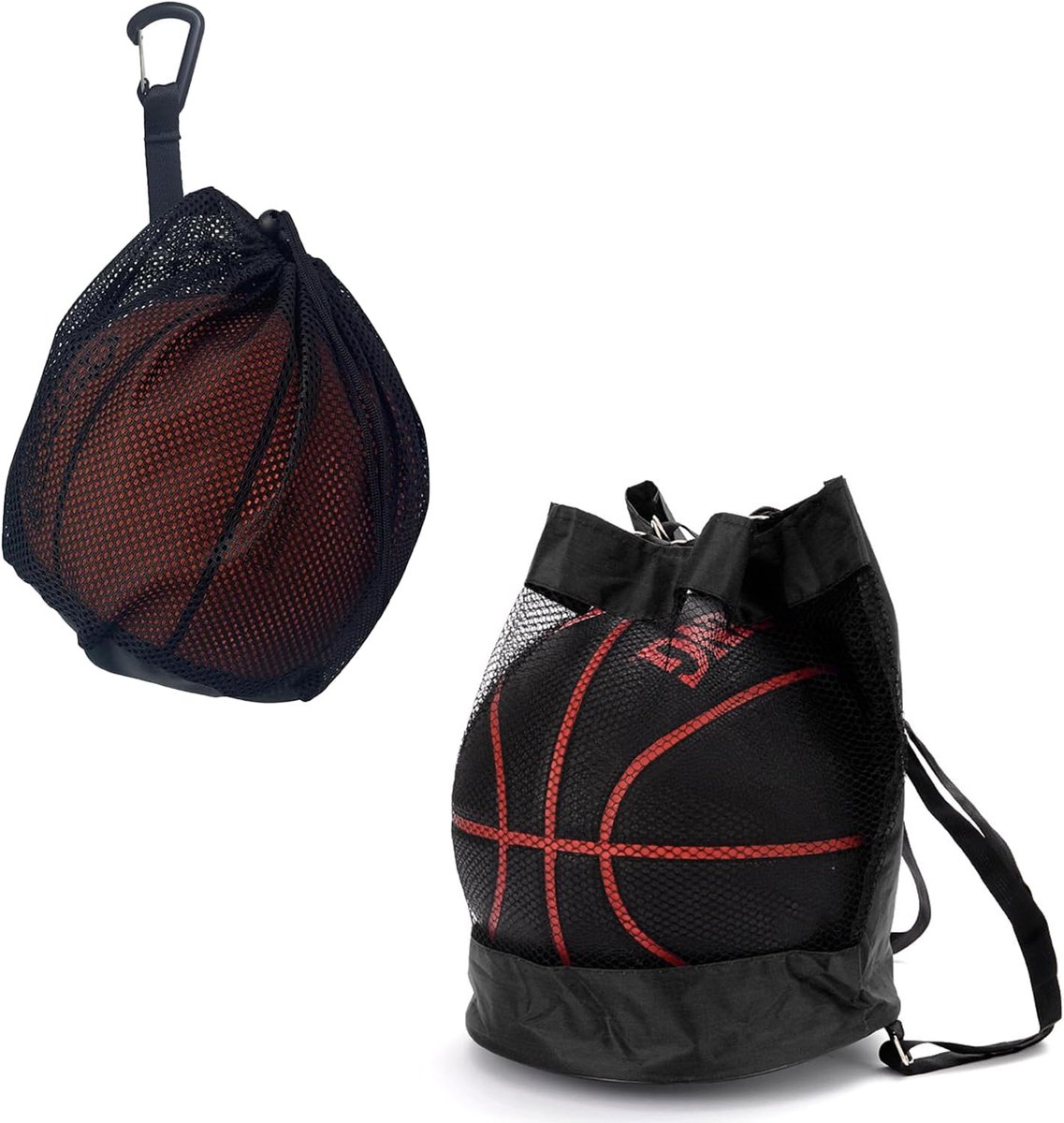2-Piece Basketball Bag, Foldable Drawstring Ball Bag, 2-in-1 Sports Ball Net Bag, Portable Basketball Backpack - ShopVlot