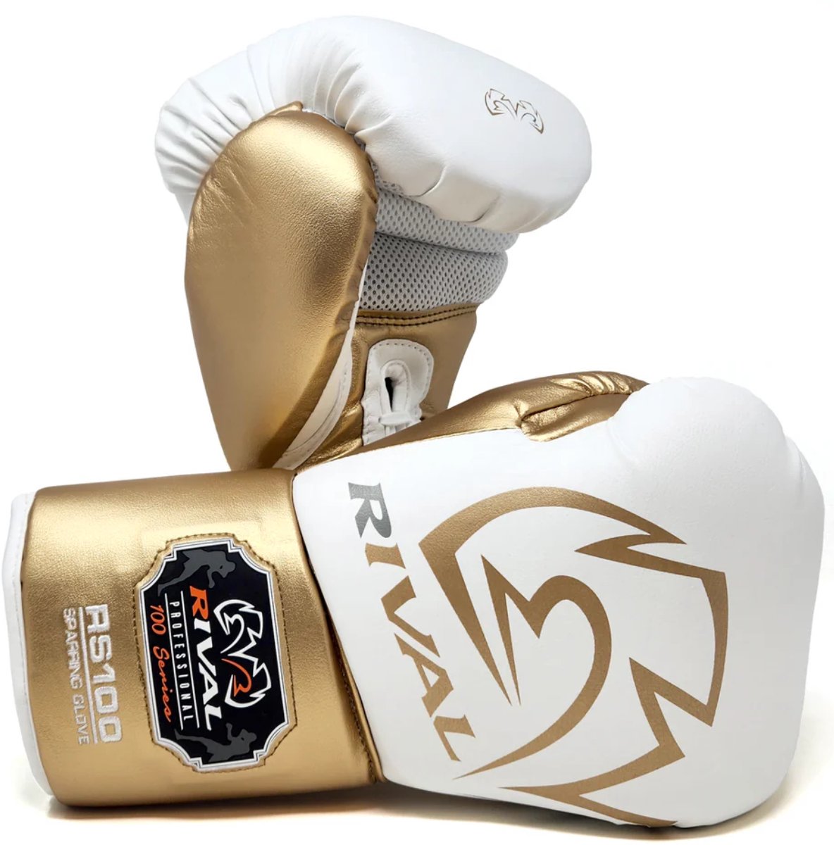 Rival RS100 Professional Sparring Bokshandschoenen – Multi‑Layer Foam – Wrist Lock 2™ – Wit/Goud - 14 OZ