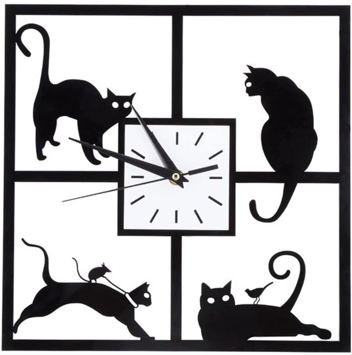 Zwarte kattenkrans wandklok, aluminium frame glazen kattenontwerp klok, moderne stille wandklok, niet-tikkende grappige wandklokken