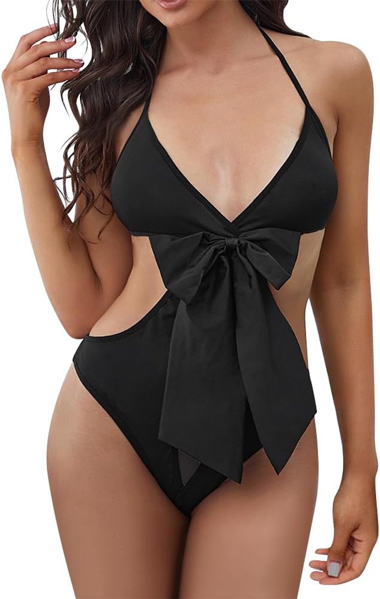 Seks-body dames - satijn met grote strik - open kruis en diepe V-hals - perfecte verleiding - ShopVlot