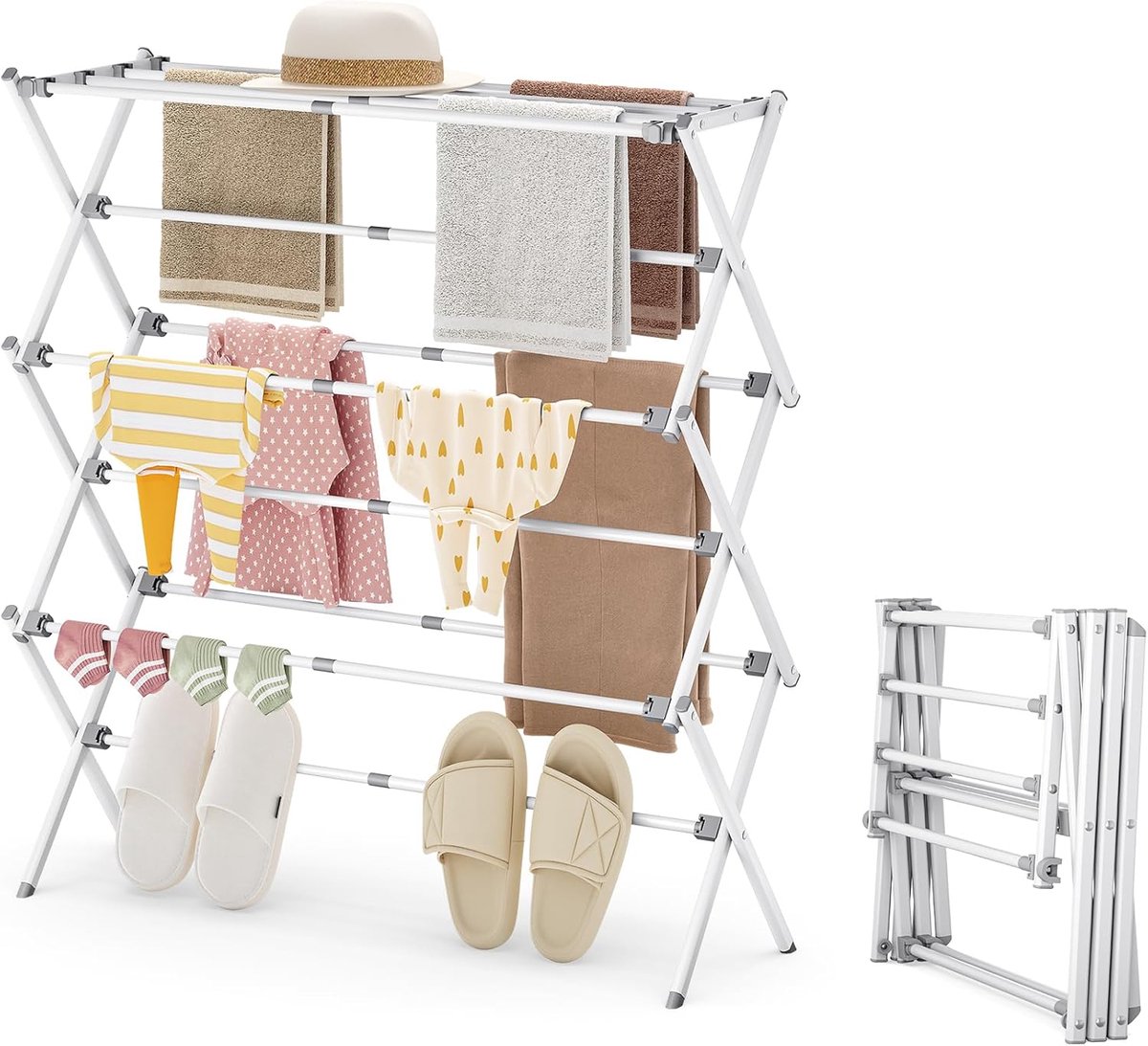 Droogrek Opvouwbaar – 3 Laags Wasrek – 11 Uitschuifbare Stangen – Compact – Wit Metaal