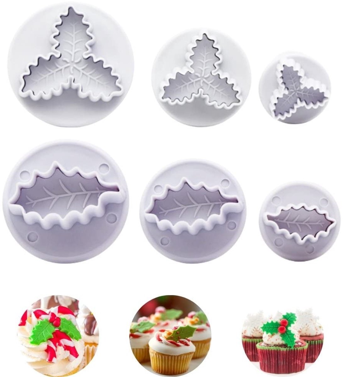 Solidchoice - Set van 6 3D Hulstblad Koekjesuitsteekvormen voor Kerst