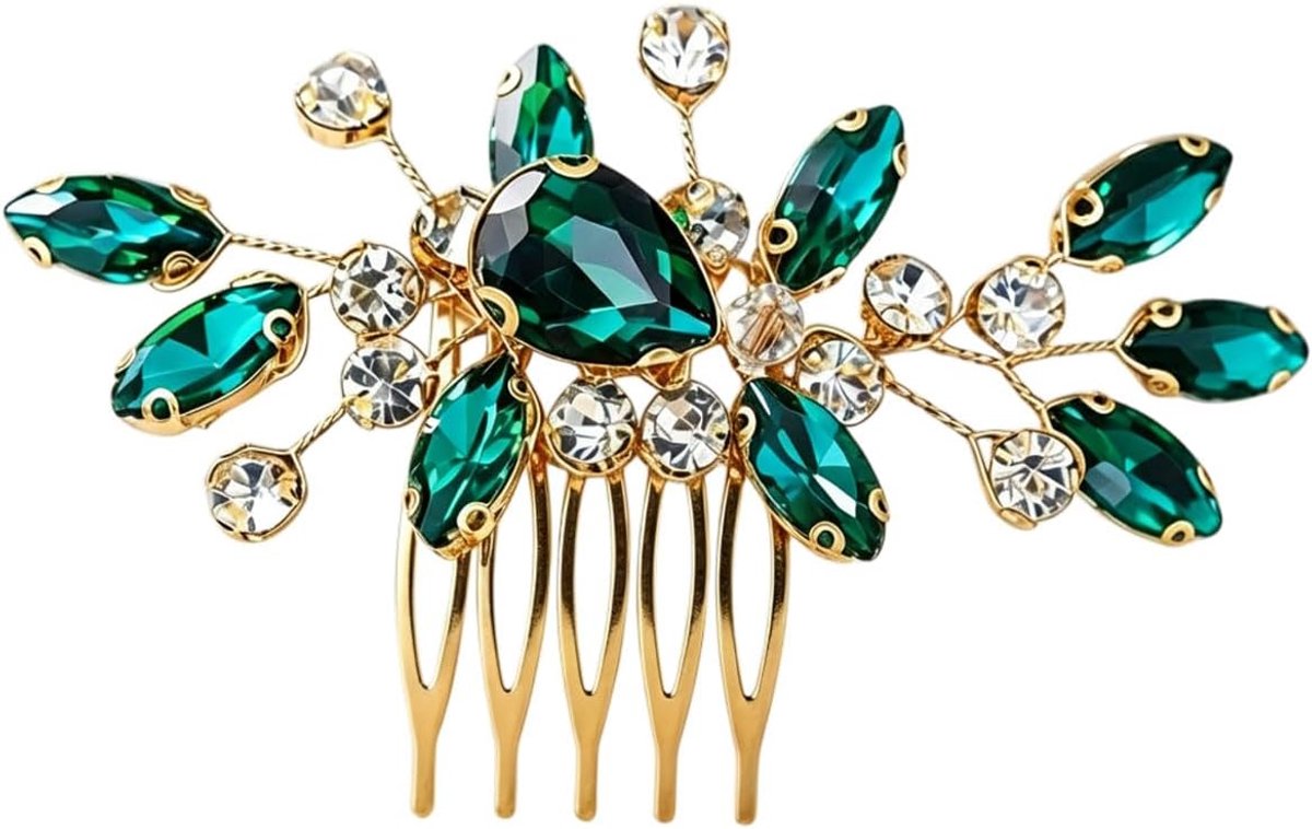 Huwelijks Haarkamm met groene kristallen - roestvrij staal - strasssteinchen - elegant voor bruiloften - ShopVlot