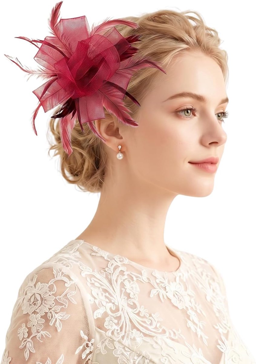Fascinator dames bordeauxrood - bloemenveer mesh - clip - perfect voor bruiloften - ShopVlot