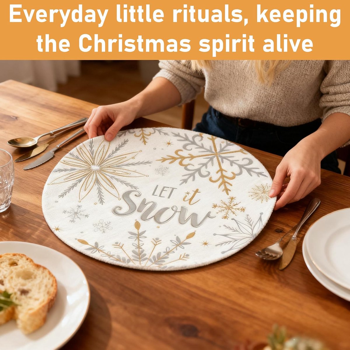 Placemat set 4 stuks - ronde 38x38cm - duurzame linnen - witte sneeuwvlokken voor feestdagen - ShopVlot
