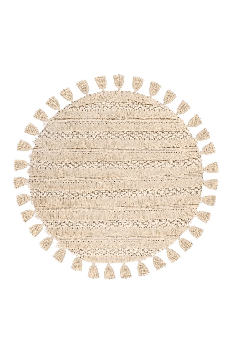 Padiro rond laagpolig vloerkleed Ø 160 cm - beige - boho geometrisch patroon - met franjes - geschikt voor vloerverwarming - van wol en katoen