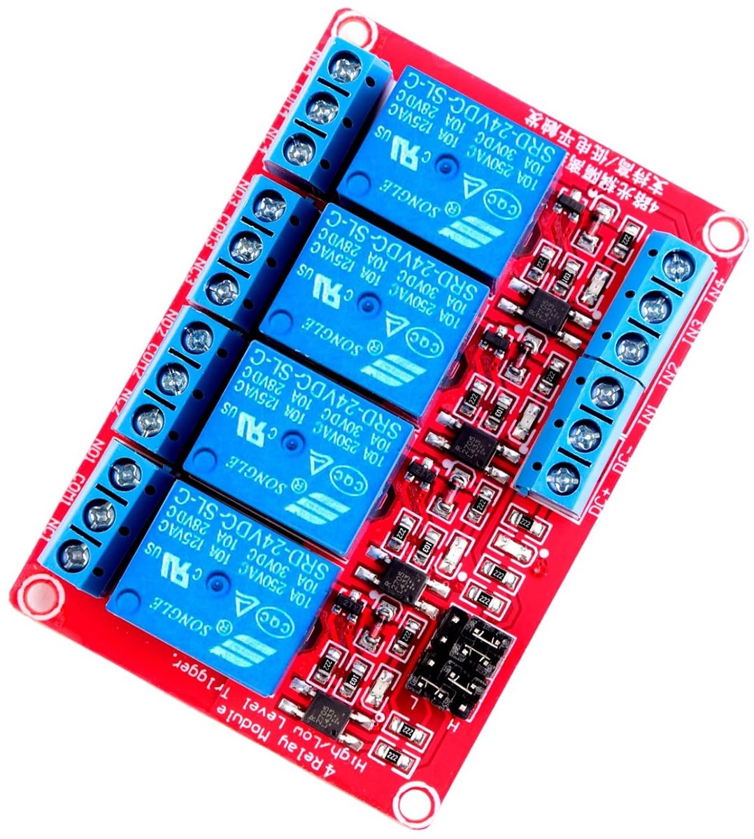 24V 4-kanaals relaismodule - 250V AC/10A - optocoupler isolatie - ideaal voor Arduino en Raspberry Pi - ShopVlot