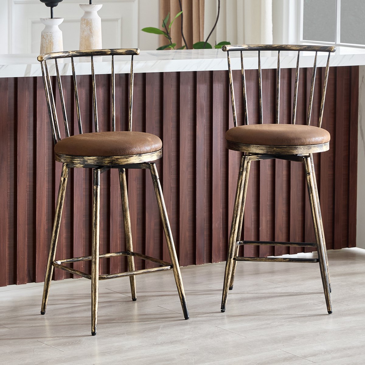 COVREO Barkruk 96 cm bruin, metaal, Windsor-stijl met rugleuning set van 2