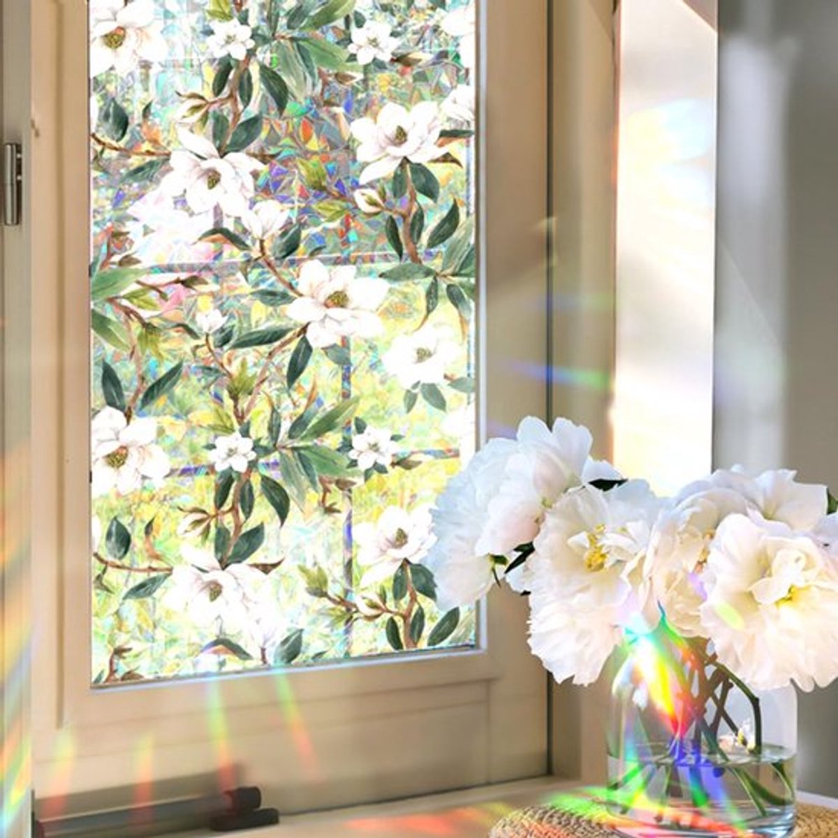 100x43cm Bladbloem Raam Privacy Film 3D Plastic Regenboog Niet-klevende Glas-in-lood Raam Sticker Statische Glas Kleeft Zonwerend UV-bestendig Holografische Prisma Decals voor