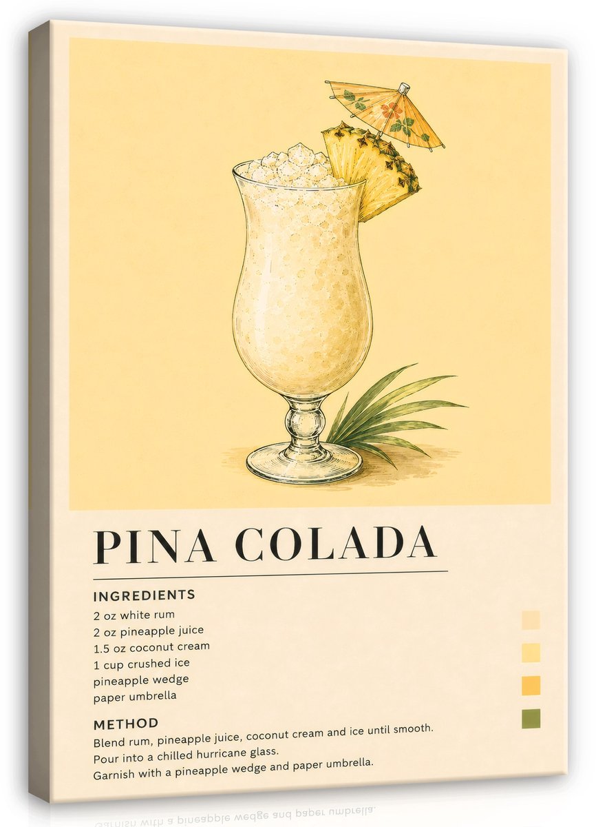 WALLARENA Schilderij op canvas - 40x30 cm - Pina Colada cocktailrecept in retrostijl - keuken wanddecoratie en bar decoratie Beige