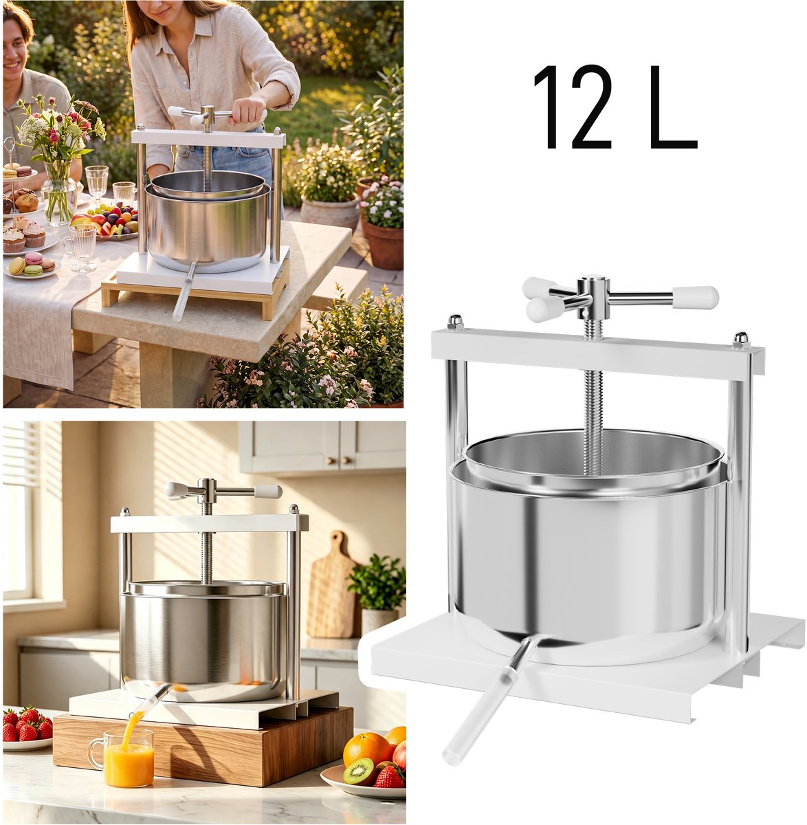 Froadp Handmatige fruitpers 12L van voedingskwaliteit 430 roestvrij staal, gepoedercoat ijzeren frame, hoge sapopbrengst, eenvoudig te demonteren en schoon te maken voor sap, wijn en cider