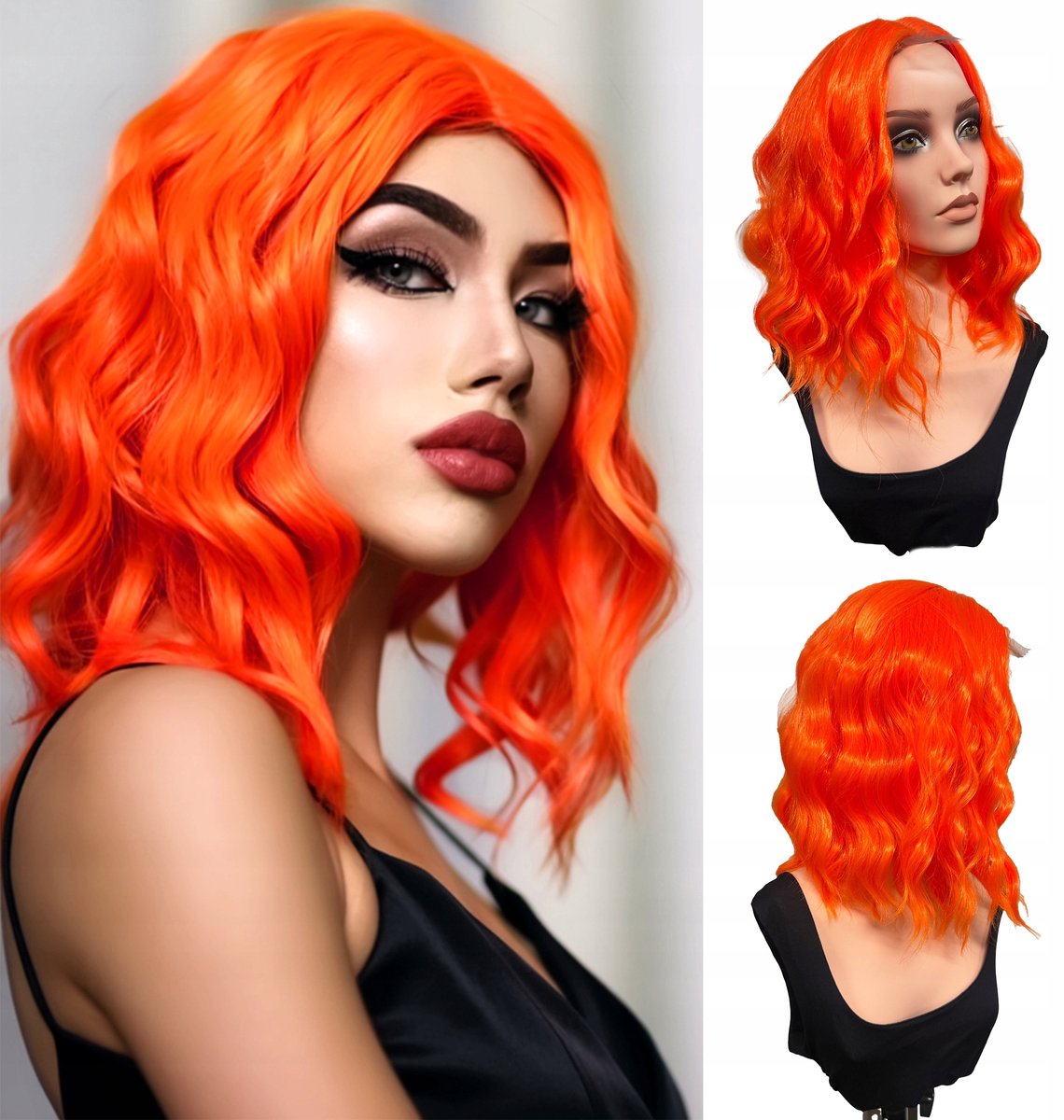 Neon Oranje Synthetische Pruik Krullend Kort 40cm - Merkloos