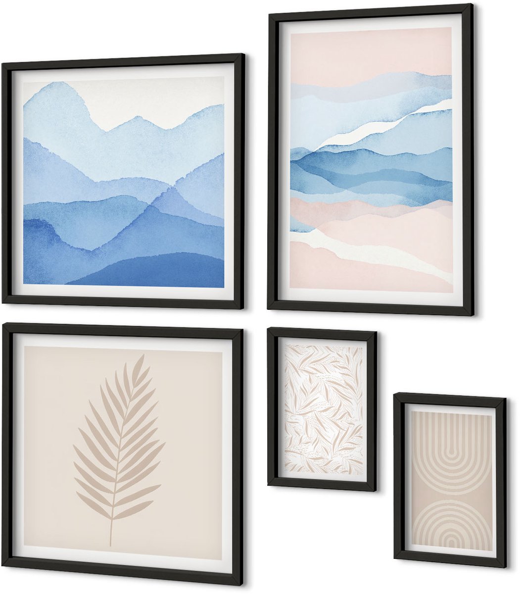 Coloray 5-Delige Schilderij Set - Abstracte Landschappen In Pasteltinten Met Bladeren - 50 x 50 cm, 20 x 30 cm En 40 x 60 cm - Muurdecoratie - Decoratieve Schilderijen - Wohnzimmer - Interieur Decoratie