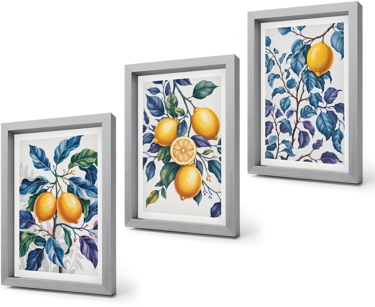 Coloray 4-Delige Schilderij Set - Citroenen aan takken met blauwe bladeren - 20 x 30 cm - Decoratieve Schilderijen - Woonkamer - Interieur - Muurdecoratie Zilveren lijst