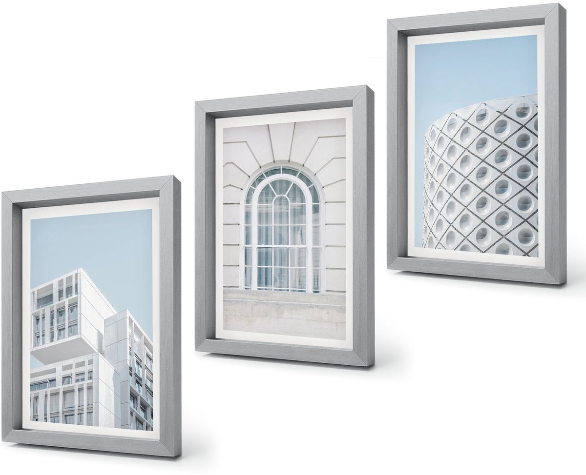 Coloray 4-Delige Schilderij Set - Moderne architectuur: minimalisme en geometrie - 20 x 30 cm - Wanddecoratie - Moderne Interieurdecoratie - Moderne Wanddecoratie Zilveren lijst