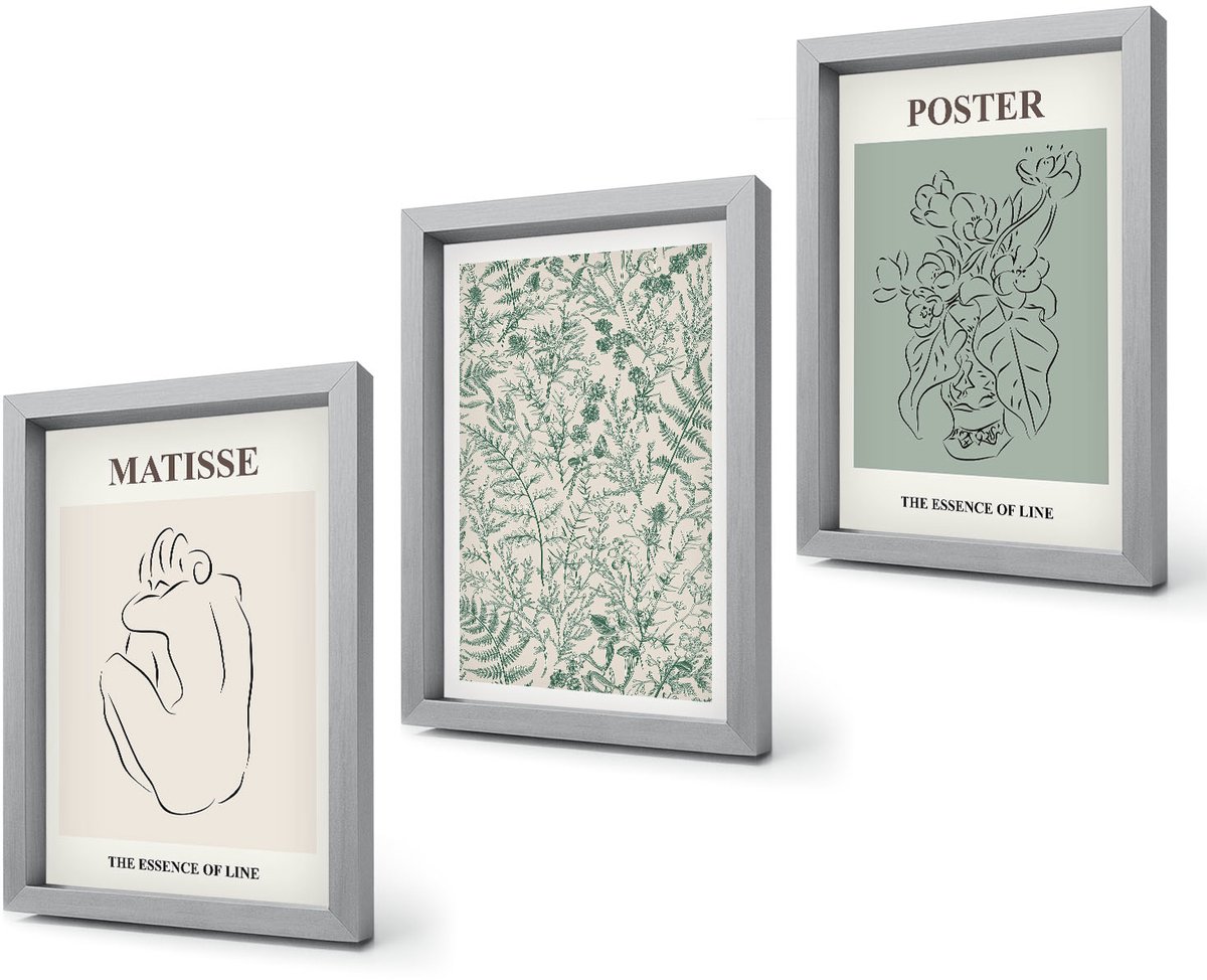 Coloray 4-Delige Schilderij Set - Lijnen en plantmotieven in een minimalistische stijl. - 20 x 30 cm - Muurdecoratie - Interieur Decoratie Zilveren lijst