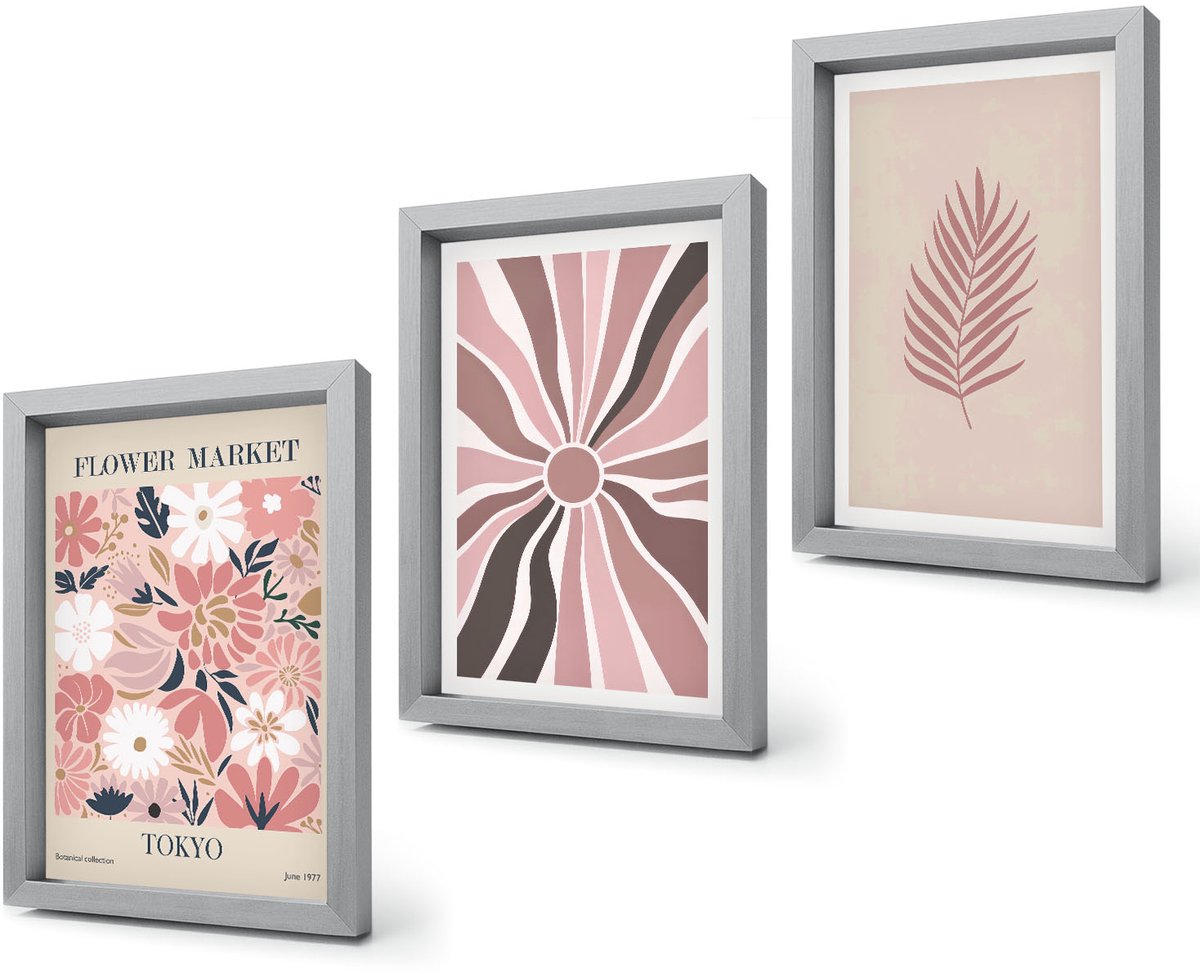 Coloray 4-Delige Schilderij Set - Bloemmotieven met bladeren en geometrische vormen - 20 x 30 cm - Moderne Wanddecoratie - Woonkamer Zilveren lijst