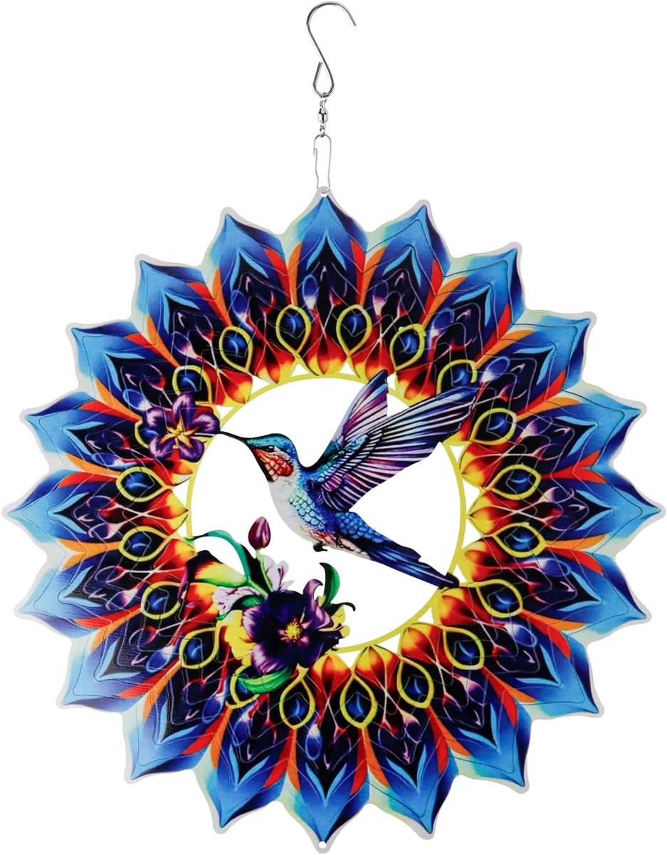 Kolibrie windspinner, 30×30 cm roestvrij staal, kleurrijke tuin hangdecoratie, vogelverjager met draaibare haak