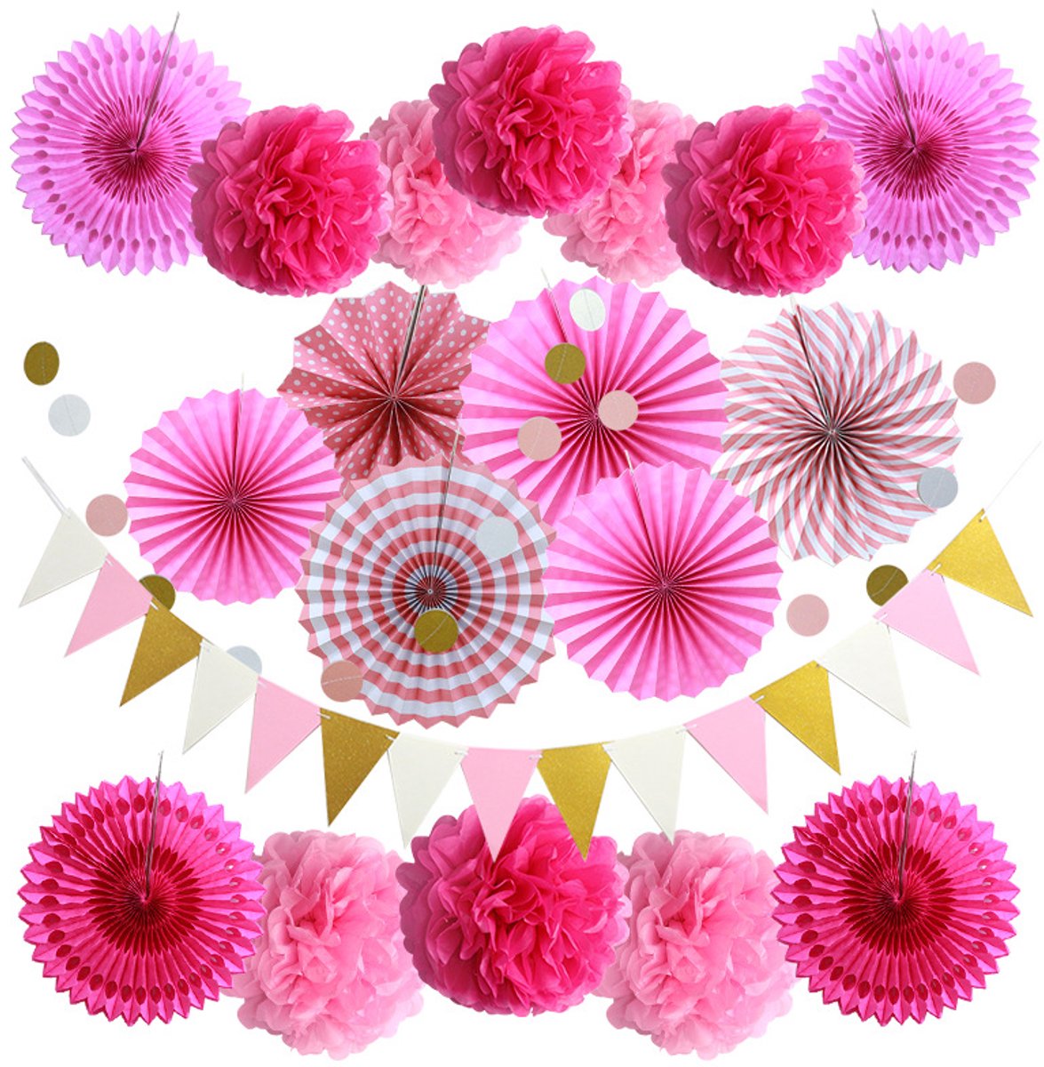 Daity Feestdecoratie-20 stuks zwarte en gouden papieren waaiers-pompons-bloemen-slingers met stippen en driehoekjes-vlaggetjes voor verjaardagsfeesten-afstudeerfeesten-bruiloften en nieuwjaarsdecoratie