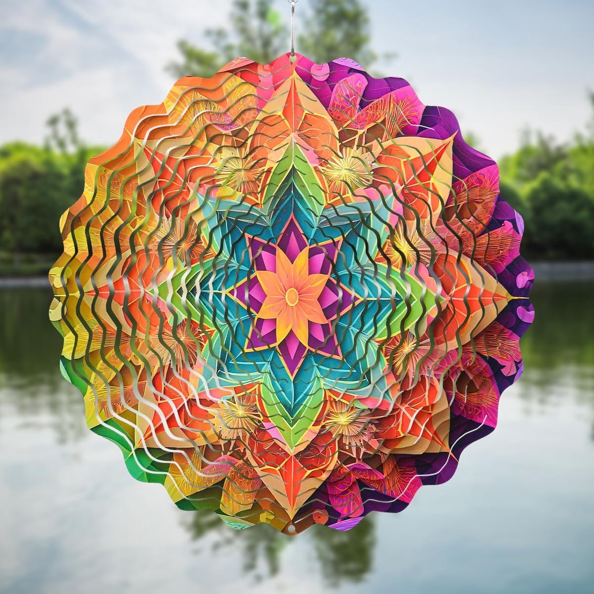Kleurrijke mandala windspinner, 30×30 cm metaal, tuin hangdecoratie voor buiten