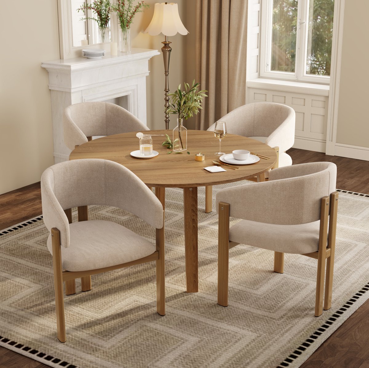 FloraGrace Eetkamerstoel Set Van 4 – Met Armleuningen En Gestoffeerde Zitting – Metaal Met Houtlook – Modern – Beige