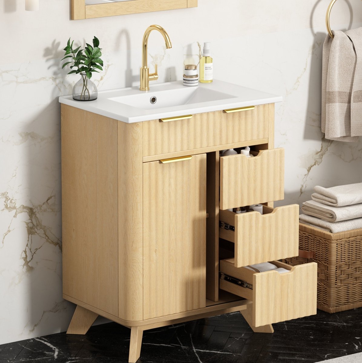 MIVRAY Badkamermeubel Met Wastafel En Schuifdeur 3 Lades Natuurlijk Hout MDF Keramiek 61 X 47 X 90 Cm Voor Volwassenen