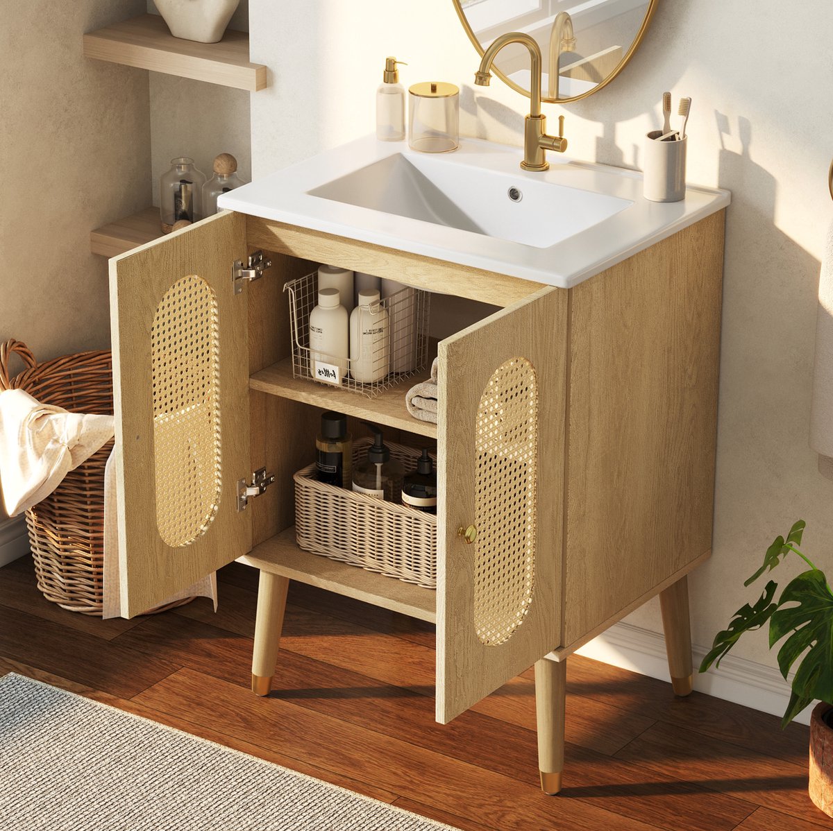 MIVRAY Wastafelmeubel - Ruime Opbergkast Met Rotan Deuren En Keramische Wasbak - Voor Badkamer - MDF - Naturel Houtlook - 61 Cm