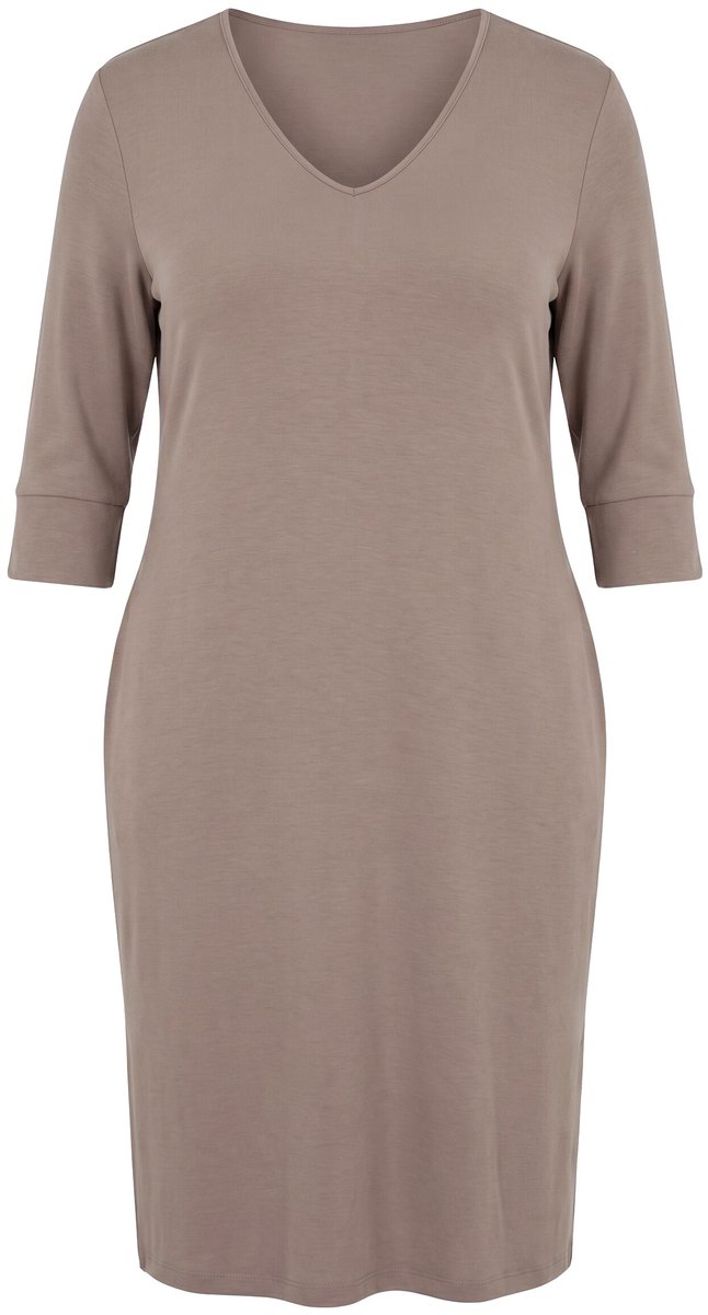 Ulla Popken - Dames - Sweatjurk V-hals 3/4-mouw modalmix - Bleekbruin - Maat 62+