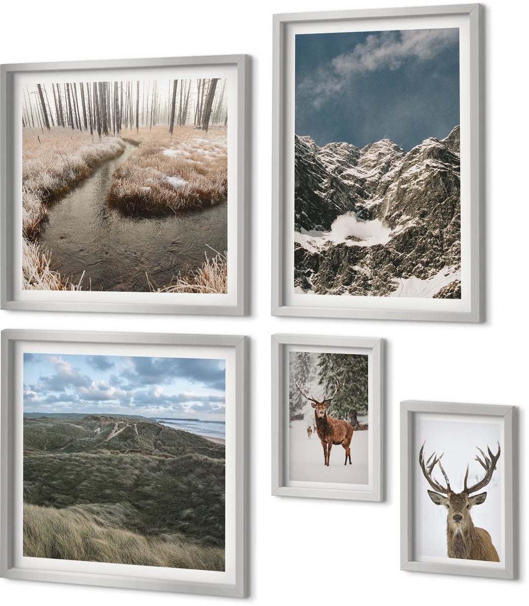 Coloray 5-Delige Schilderij Set - Bergen Met Sneeuwherten In Boslandschappen - 20 x 30 cm - Wanddecoratie - Muurdecoratie - Moderne Interieurdecoratie