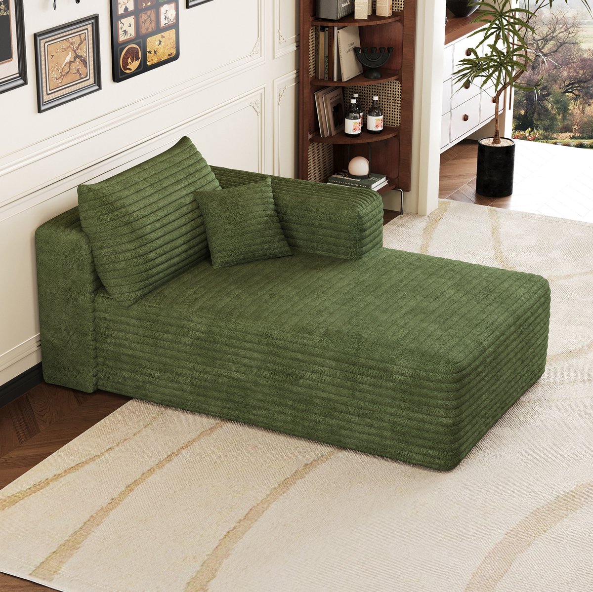 DESMIU Slaapbank 1-Zits - Zachte Groene Corduroy Slaapbank Met Rechts Uitvoering - Voor Woonkamer En Slaaphoek - Stof - Groen Green