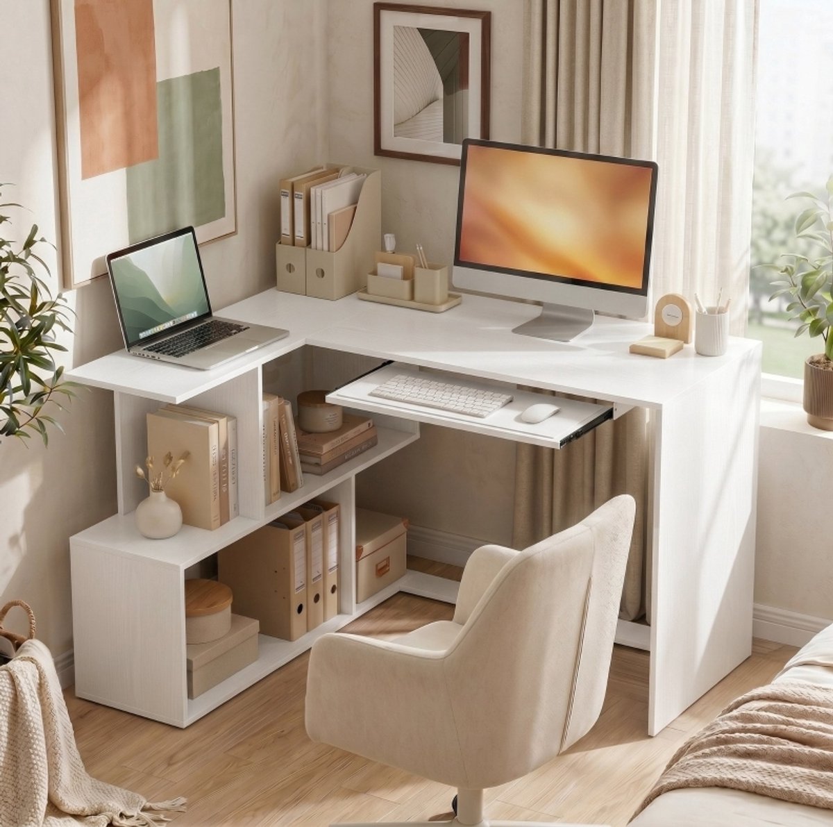 MIVRAY Hoekbureau - L Vormige Computertafel Met Toetsenbordlade En Open Opbergvakken - Voor Thuiswerk En Kantoor - Wit - 120x100x76 Cm