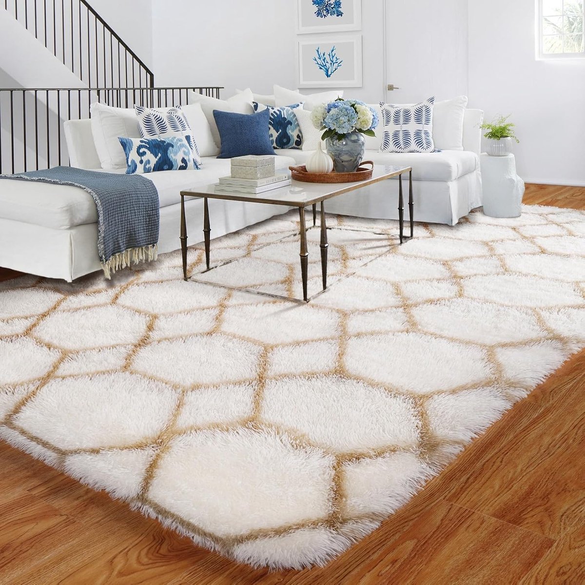 High Pile Rug, White and Beige for Bedroom, 90 x 150 cm, Small Geometric Rug, Non-Slip Washable Soft Fluffy for Living - ShopVlot