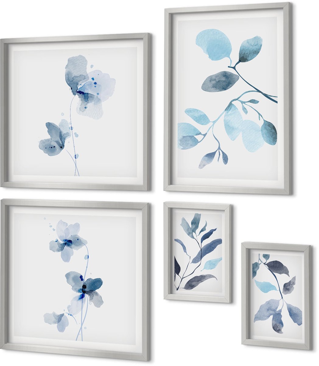 Coloray 5-Delige Schilderij Set - Een Meer In De Bergen Met Bootjes En Een Houten Huisje. - 20 x 30 cm - Muurdecoratie - Wanddecoratie - Slaapkamer