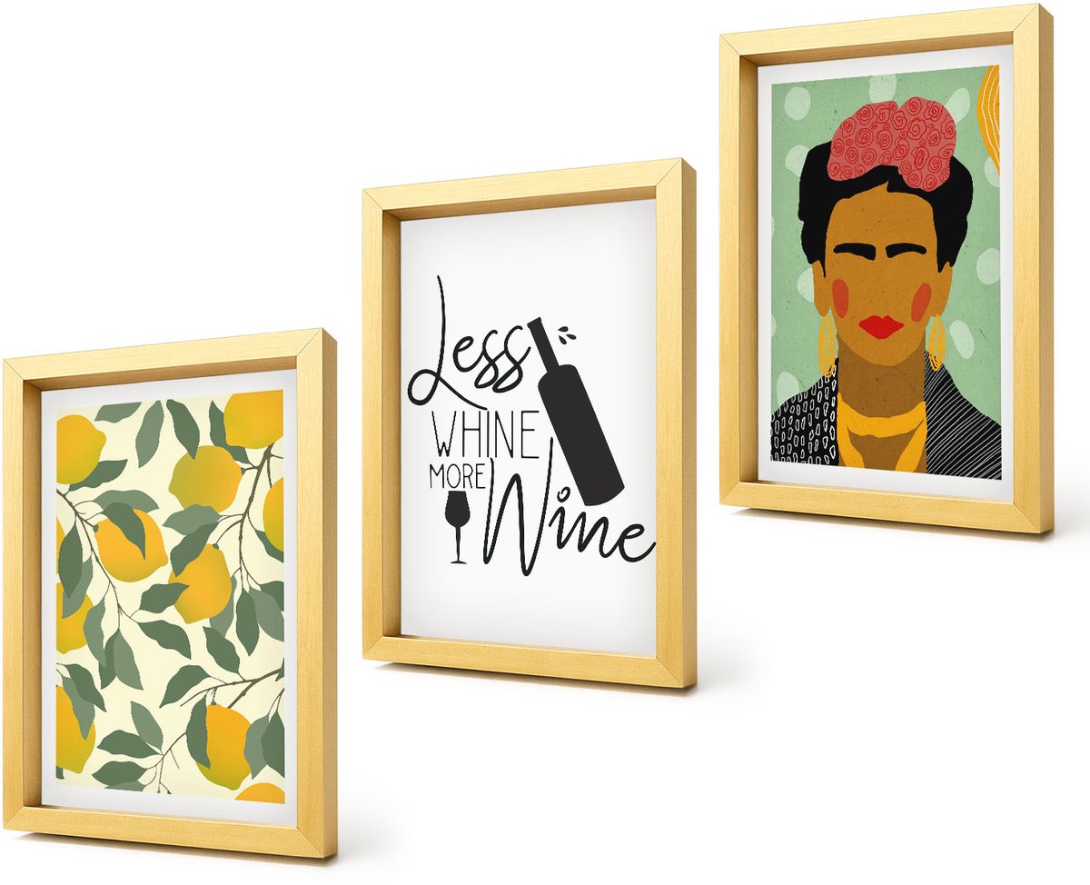 Coloray 4-Delige Schilderij Set - Citroenen Wijnfles Portret van Frida Kahlo - 20 x 30 cm - Stijlvolle Muurdecoratie - Slaapkamer