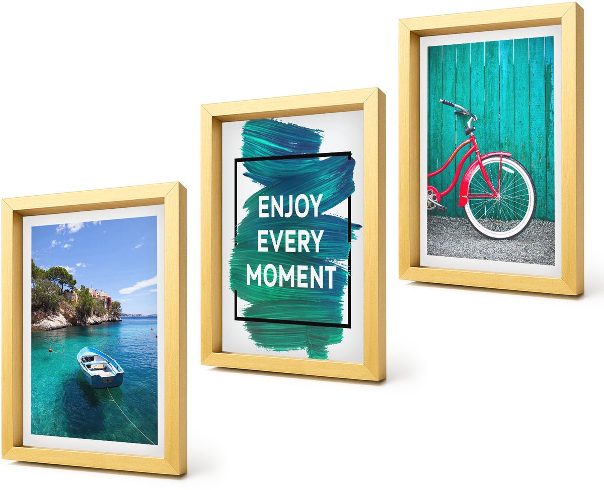 Coloray 4-Delige Schilderij Set - Zeezicht met boot en fiets, inspirerende belettering - 20 x 30 cm - Muurdecoratie - Wanddecoratie - Hal